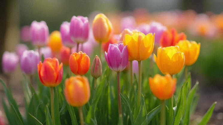 Kwitnące tulipany i krokusy wiosną
